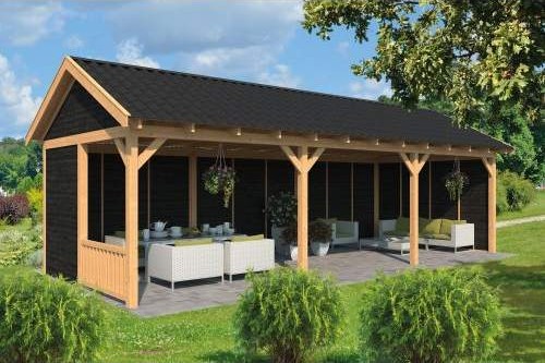 Douglas hout overkapping zadeldak met zwarte wanden