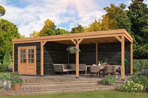 Overkapping plat dak Red Class Wood zwarte wanden